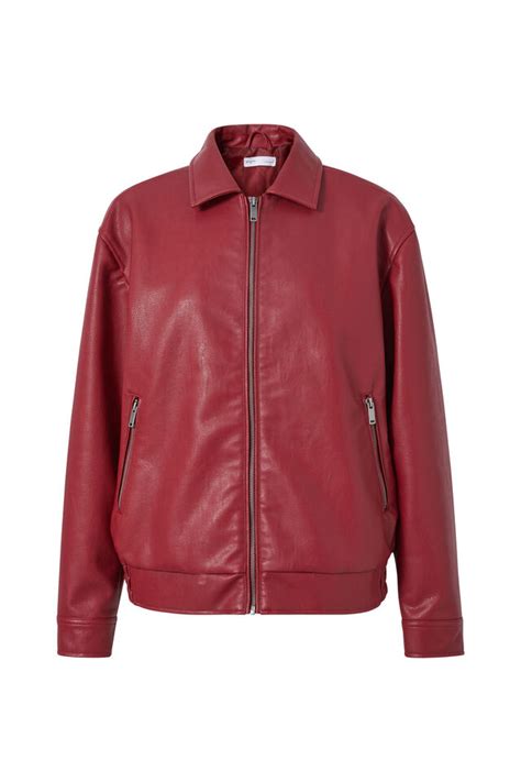 Red Faux Leather Collared Bomber Jacket 